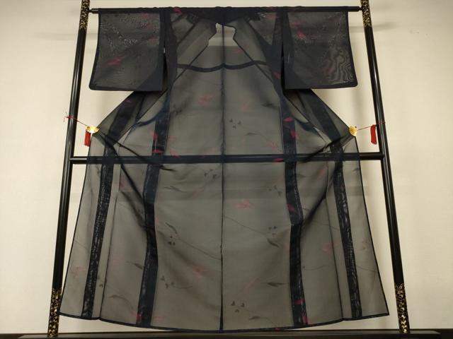 平和屋着物＊夏物　小紋　紗　枝葉文　正絹　逸品　AABI9945jd