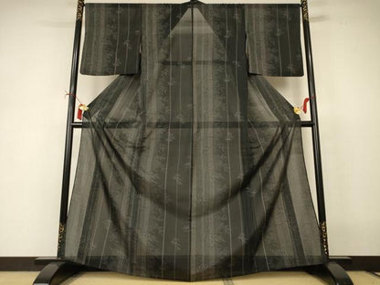 平和屋着物＊夏物　小紋　笹文　黒地　洗える着物　AABI9947jd