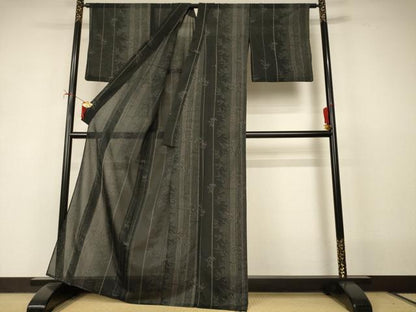 平和屋着物＊夏物　小紋　笹文　黒地　洗える着物　AABI9947jd
