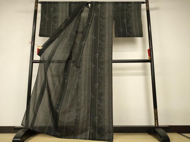 平和屋着物＊夏物　小紋　笹文　黒地　洗える着物　AABI9947jd