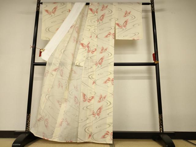 平和屋着物＊夏物　小紋　紗　流水舞蝶文　洗える着物　未使用　AABI9962jd
