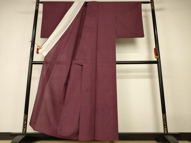 平和屋着物＊夏物　色無地　縦絽　芝花紋紗　紫鳶色　正絹　逸品　AABI9964jd