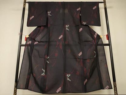 平和屋着物＊夏物　小紋　紗　草花文　銀糸　正絹　逸品　AABI9974jd