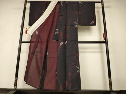 平和屋着物＊夏物　小紋　紗　草花文　銀糸　正絹　逸品　AABI9974jd