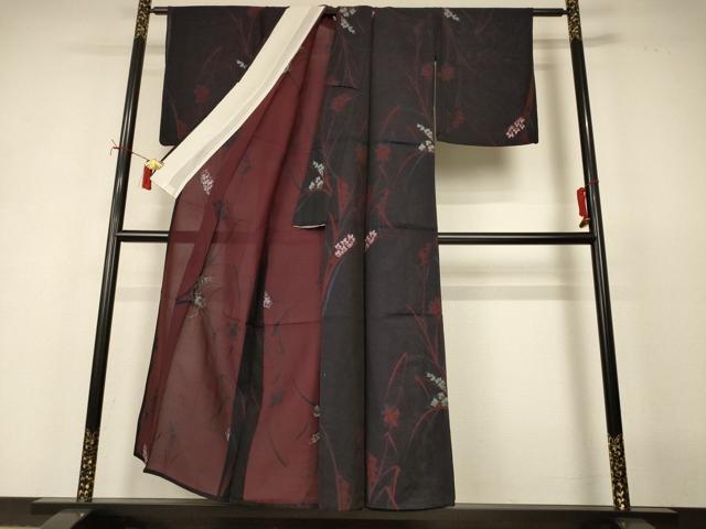 平和屋着物＊夏物　小紋　紗　草花文　銀糸　正絹　逸品　AABI9974jd