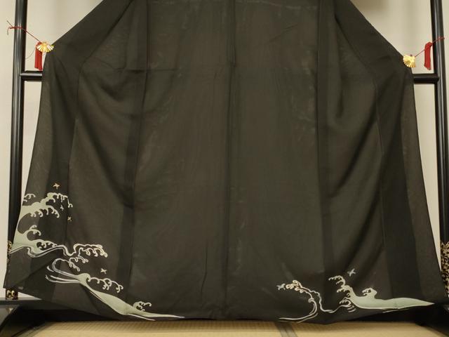 平和屋着物＊夏物　黒留袖　絽　刺繍　立波飛鳥文　金銀糸　正絹　逸品　AABI9979jd