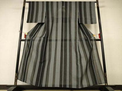 平和屋着物＊夏物　結城紬　夏結城　100亀甲　縞　正絹　逸品　AABI9981jd