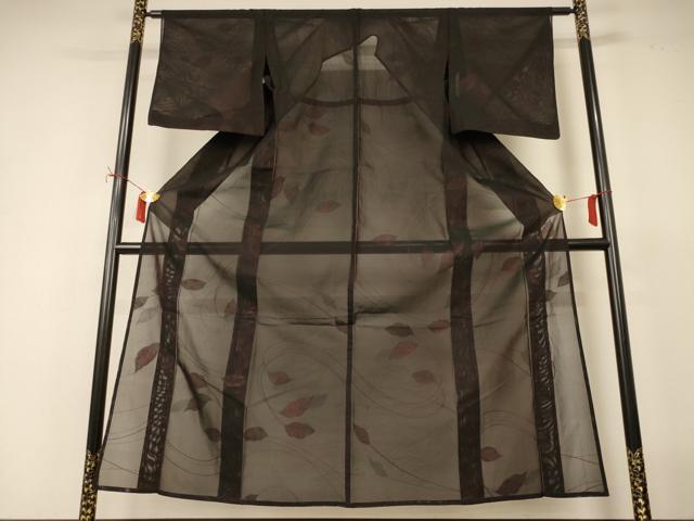 平和屋着物＊夏物　小紋　紗　舞葉文　黒地　正絹　逸品　AABI9987jd