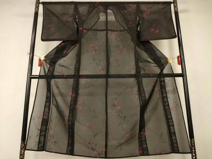 平和屋着物＊夏物　小紋　紗　舞花文　黒地　正絹　逸品　AABI9994jd