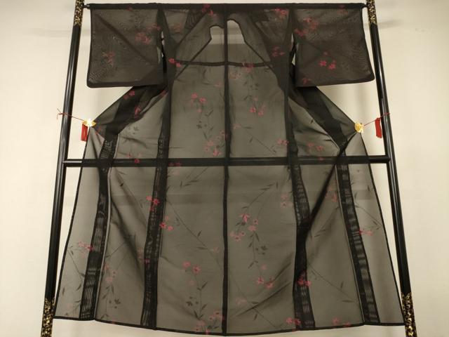 平和屋着物＊夏物　小紋　紗　舞花文　黒地　正絹　逸品　AABI9994jd