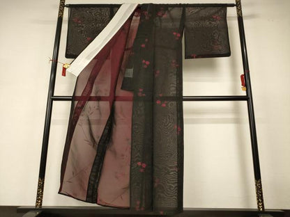 平和屋着物＊夏物　小紋　紗　舞花文　黒地　正絹　逸品　AABI9994jd