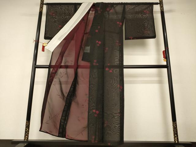 平和屋着物＊夏物　小紋　紗　舞花文　黒地　正絹　逸品　AABI9994jd