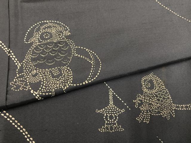 平和屋着物●訪問着 作家物 紬地 刺繍 刺し子 フクロウ 梟 正絹 逸品 AABJ0003ph