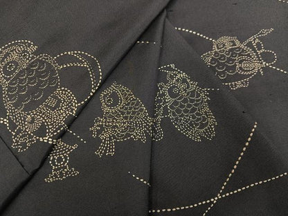 平和屋着物●訪問着 作家物 紬地 刺繍 刺し子 フクロウ 梟 正絹 逸品 AABJ0003ph