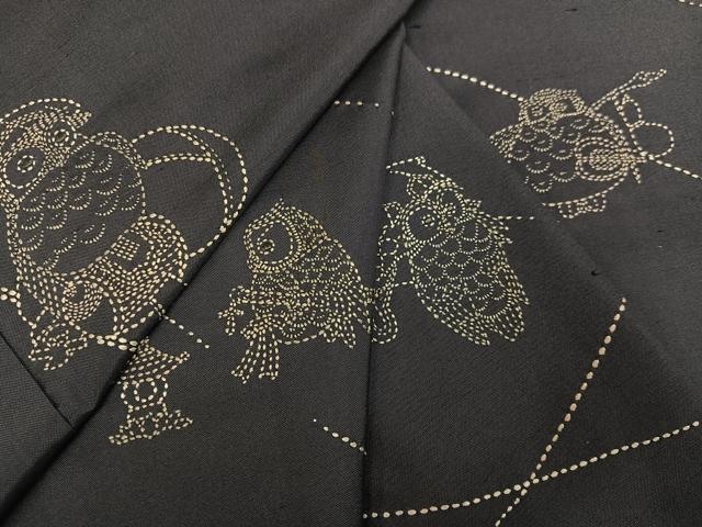平和屋着物●訪問着 作家物 紬地 刺繍 刺し子 フクロウ 梟 正絹 逸品 AABJ0003ph