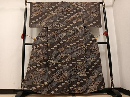 平和屋着物●上質な小紋 紬地 舞扇草花文 正絹 逸品 AABJ0010ph