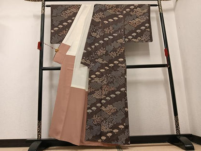平和屋着物●上質な小紋 紬地 舞扇草花文 正絹 逸品 AABJ0010ph