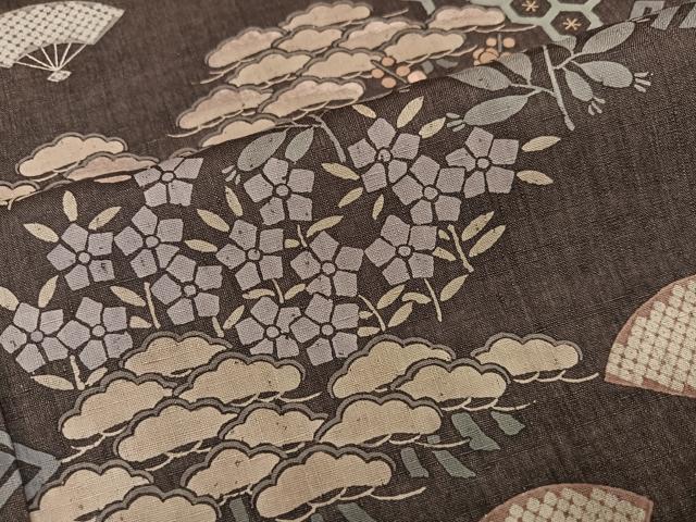 平和屋着物●上質な小紋 紬地 舞扇草花文 正絹 逸品 AABJ0010ph