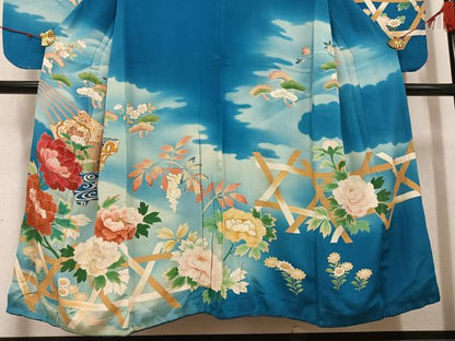 平和屋着物●アンティーク 大正ロマン 小振袖 二尺袖 刺繍 草花文 暈し染め 正絹 逸品 AABJ0016ph
