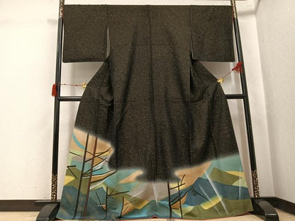 平和屋着物●色留訪問着 作家物 風景文 黒地 金彩 金通し地 正絹 逸品 AABJ0021ph