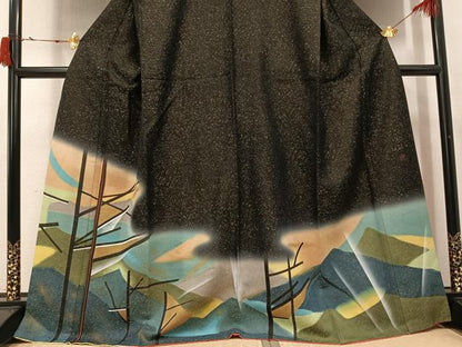 平和屋着物●色留訪問着 作家物 風景文 黒地 金彩 金通し地 正絹 逸品 AABJ0021ph