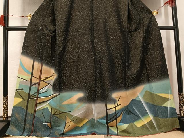 平和屋着物●色留訪問着 作家物 風景文 黒地 金彩 金通し地 正絹 逸品 AABJ0021ph