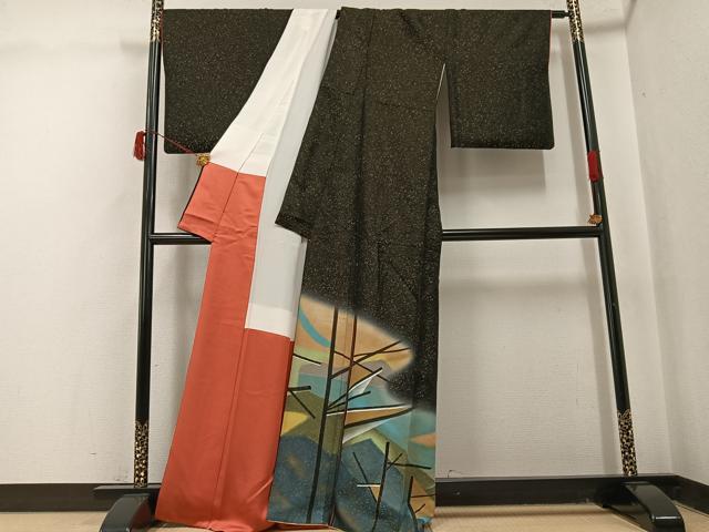 平和屋着物●色留訪問着 作家物 風景文 黒地 金彩 金通し地 正絹 逸品 AABJ0021ph