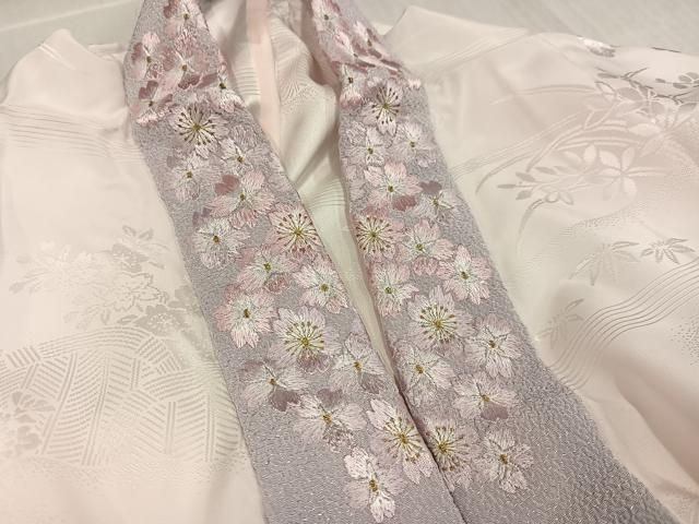 平和屋着物●振袖用長襦袢 無双仕立て 草花地紋 桜色 半衿刺繍 洗える着物 未使用 AABJ0026ph
