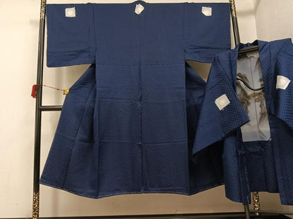 平和屋着物●男性　色紋付・羽織セット　菱地紋　藍鉄色　洗える着物　AABJ0030ph