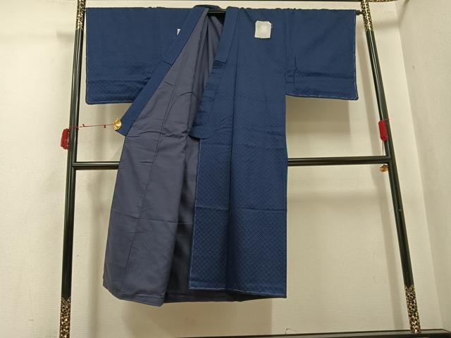 平和屋着物●男性　色紋付・羽織セット　菱地紋　藍鉄色　洗える着物　AABJ0030ph