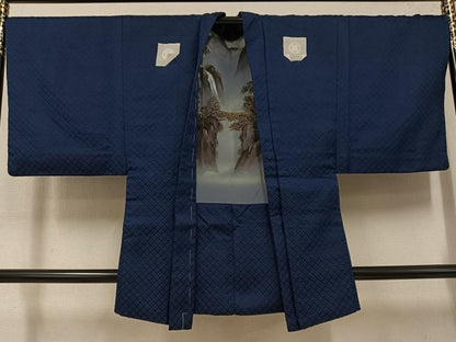 平和屋着物●男性　色紋付・羽織セット　菱地紋　藍鉄色　洗える着物　AABJ0030ph