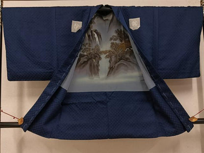 平和屋着物●男性　色紋付・羽織セット　菱地紋　藍鉄色　洗える着物　AABJ0030ph