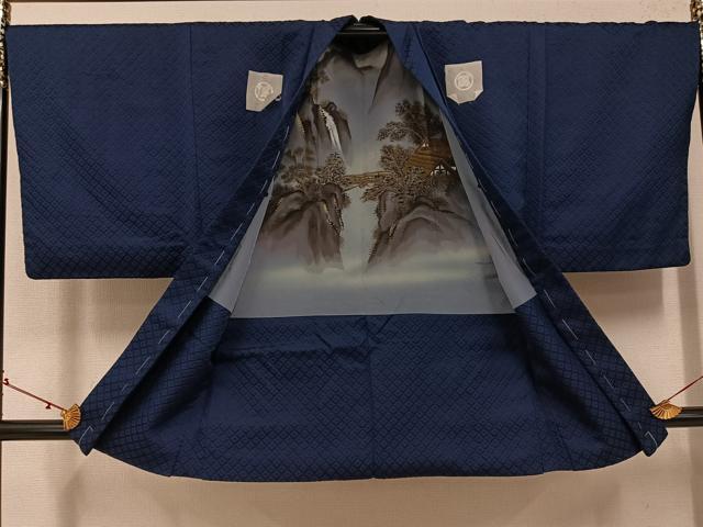 平和屋着物●男性　色紋付・羽織セット　菱地紋　藍鉄色　洗える着物　AABJ0030ph
