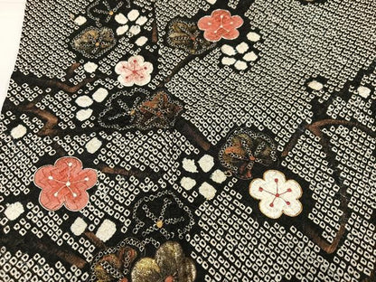平和屋着物●訪問着　駒刺繍　絞り　枝梅　黒地　金銀彩　正絹　逸品　AABJ0033ph