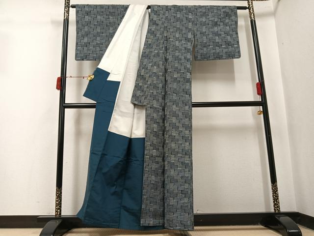 平和屋着物●上質な紬　幾何学文様　正絹　逸品　AABJ0036ph