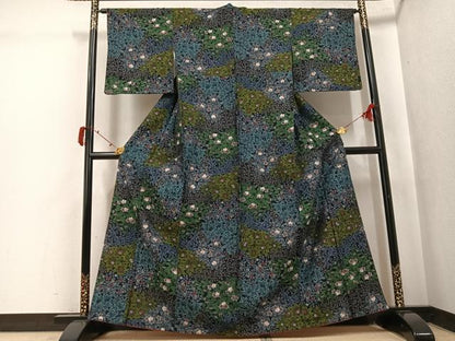 平和屋着物●小千谷紬　草花文　正絹　逸品　AABJ0037ph