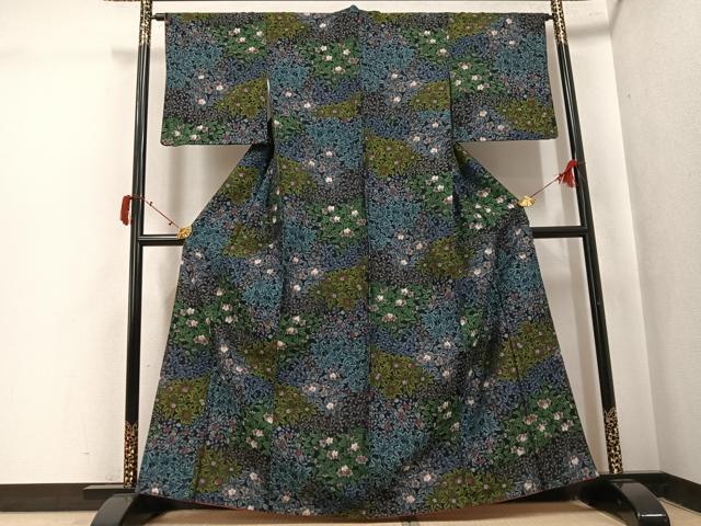 平和屋着物●小千谷紬　草花文　正絹　逸品　AABJ0037ph
