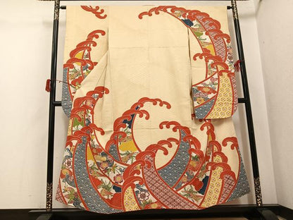平和屋着物●豪華振袖 型染め 吉祥花鳥文 金通し地 正絹 逸品 AABJ0052ph