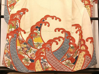 平和屋着物●豪華振袖 型染め 吉祥花鳥文 金通し地 正絹 逸品 AABJ0052ph