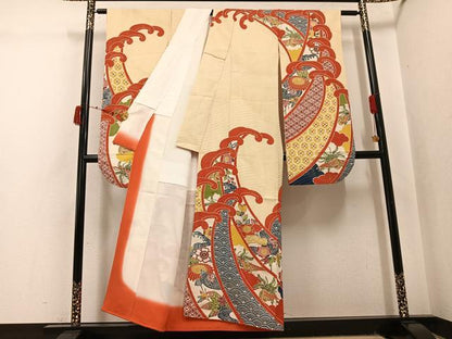平和屋着物●豪華振袖 型染め 吉祥花鳥文 金通し地 正絹 逸品 AABJ0052ph