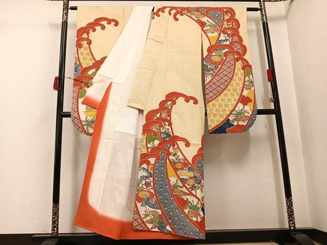 平和屋着物●豪華振袖 型染め 吉祥花鳥文 金通し地 正絹 逸品 AABJ0052ph