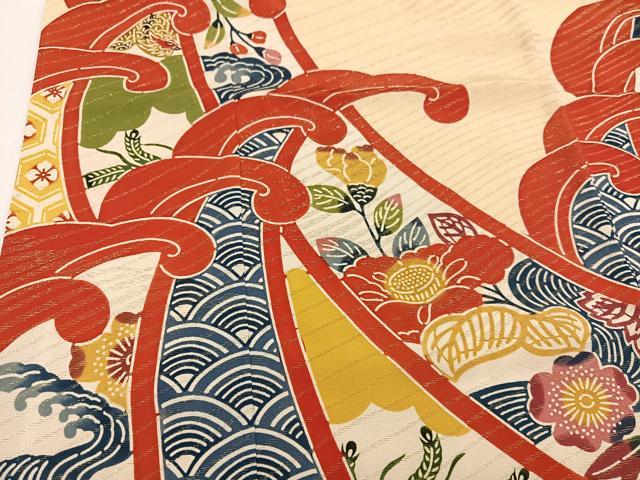 平和屋着物●豪華振袖 型染め 吉祥花鳥文 金通し地 正絹 逸品 AABJ0052ph