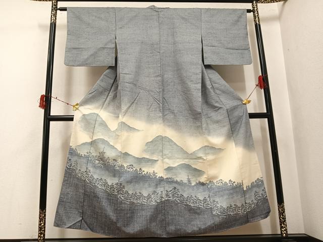 平和屋着物●色留訪問着 紬地 遠山風景樹林文 正絹 逸品 AABJ0059ph