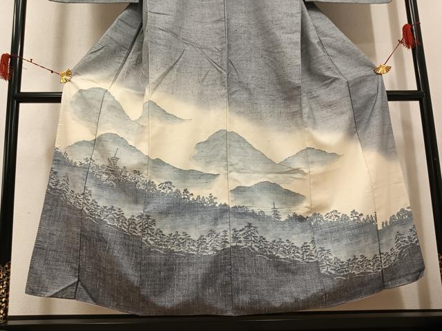平和屋着物●色留訪問着 紬地 遠山風景樹林文 正絹 逸品 AABJ0059ph