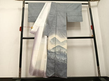 平和屋着物●色留訪問着 紬地 遠山風景樹林文 正絹 逸品 AABJ0059ph