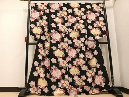平和屋着物●小振袖 二尺袖 花尽くし 黒地 洗える着物 AABJ0061ph