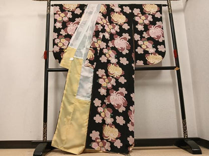 平和屋着物●小振袖 二尺袖 花尽くし 黒地 洗える着物 AABJ0061ph
