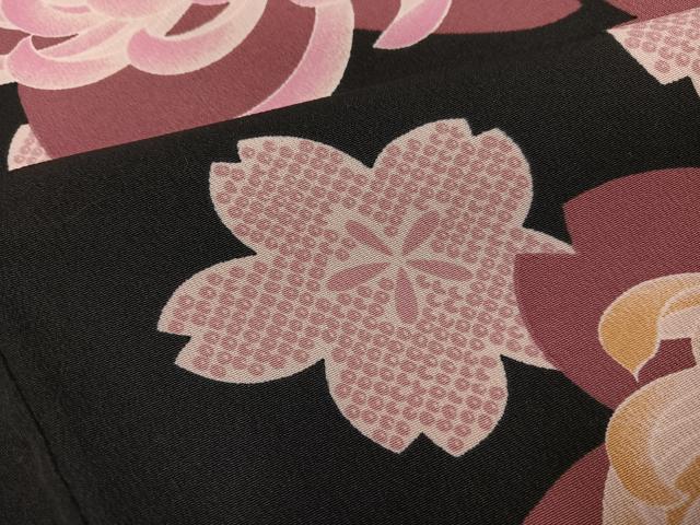 平和屋着物●小振袖 二尺袖 花尽くし 黒地 洗える着物 AABJ0061ph