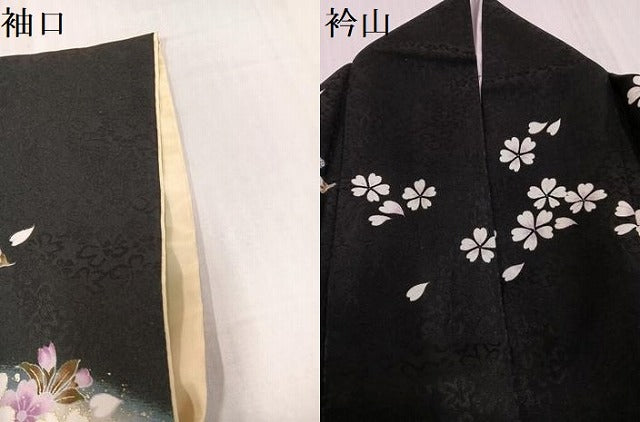 平和屋着物●小振袖 二尺袖 夜桜 暈し染め 黒地 金彩 ロング丈 洗える着物 AABJ0063ph