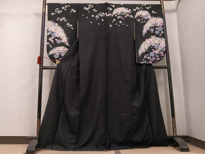 平和屋着物●小振袖 二尺袖 夜桜 暈し染め 黒地 金彩 ロング丈 洗える着物 AABJ0063ph